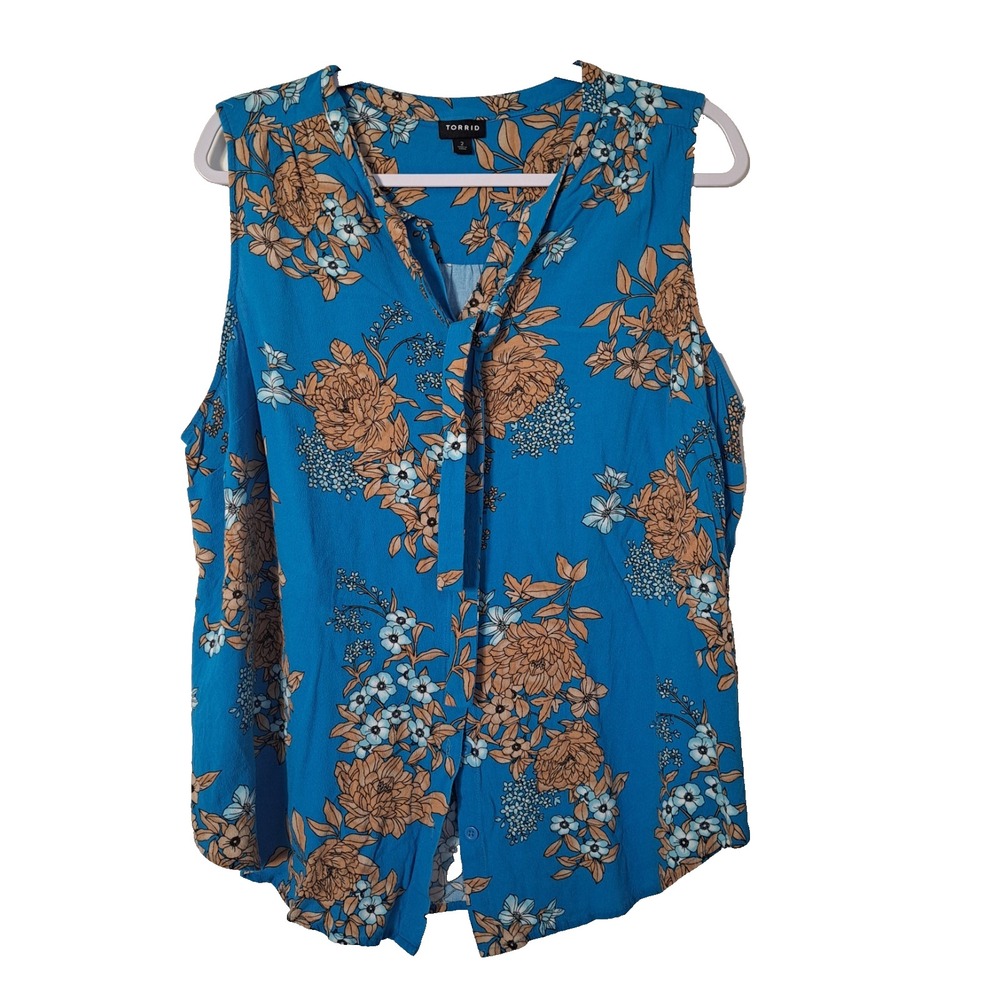Torrid Womens Sleeveless Top Size 2X Blue Floral  button up blouse